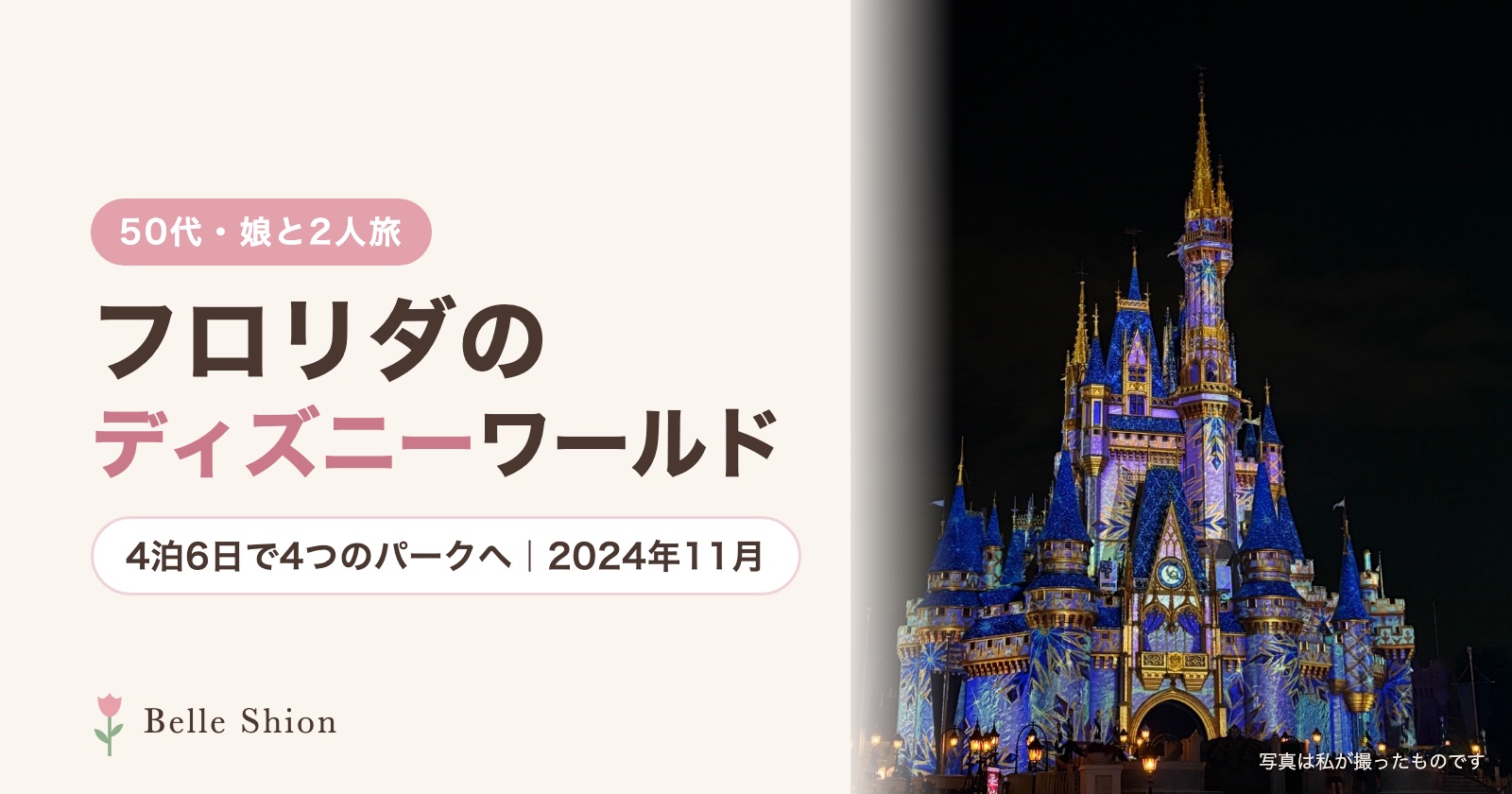 50代・娘と2人旅。フロリダのディズニーワールド、4泊6日で4つのパークへ（2024年11月）。写真は私が撮った夜のシンデレラ城